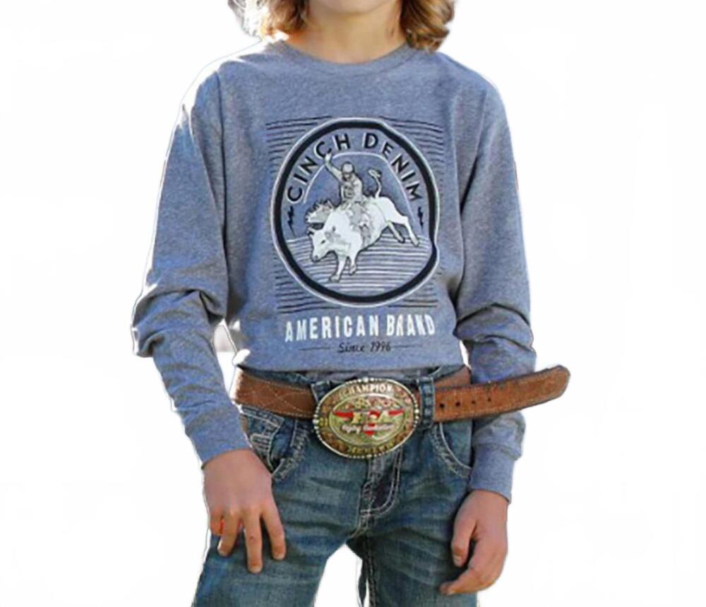 NEW CINCH boy's long sleeve logo bullrider tee in grey